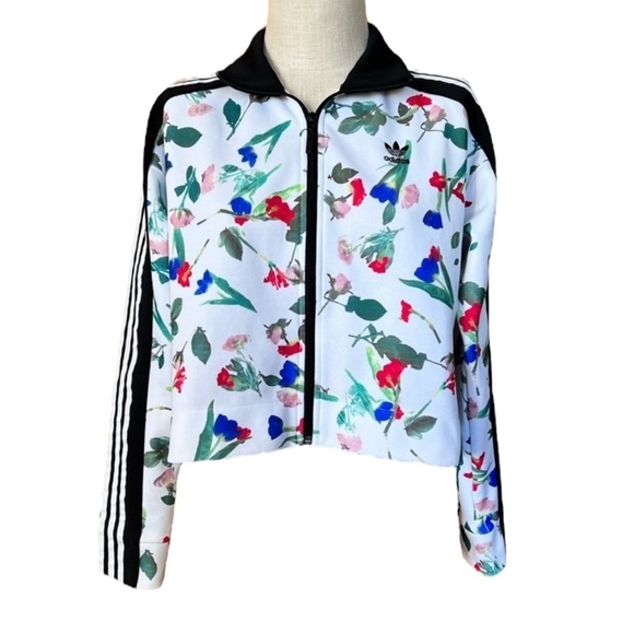Adidas Trefoil Stripes Floral Cropped Full Zip Track Jacket Casual Trendy - Picture 1 of 10